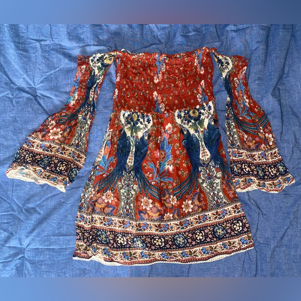 FARM Rio Off the Shoulder Parrot Dress